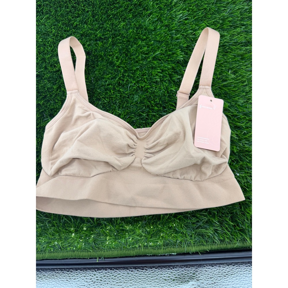 Feelingirl Women Beige Seamless Wireless Bralette Ruched Front Adjustable Straps